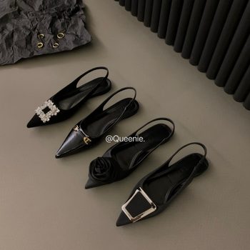 French Flats Black Back Strap Toe Sandals for Women 2025 New Spring and Summer Pointed Toe Rhinestone Elegant Shoes