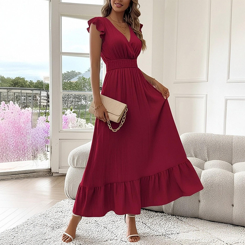 Summer Womens Dress Elegant Solid Color Waist Defined Pleated Design Casual or Formal Occasions Wholesale Available