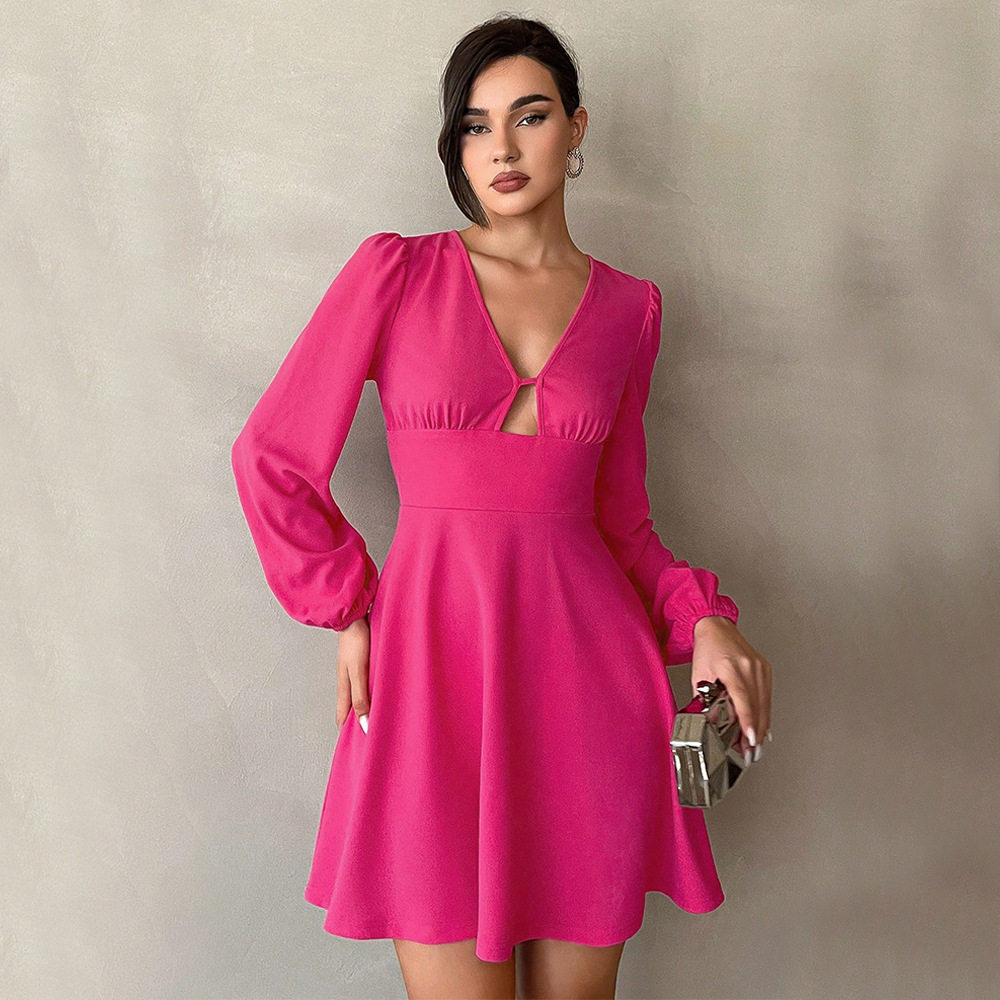 Womens Mini A Line Dress V Neck Puff Sleeves Waist Defined Elegant Autumn Winter Style Wholesale Available