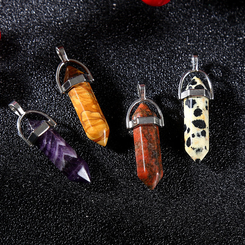 Amazon Best Selling Natural Amethyst Rose Quartz White Crystal Double Pointed Hexagonal Column Pendant Bullet Necklace Wholesale