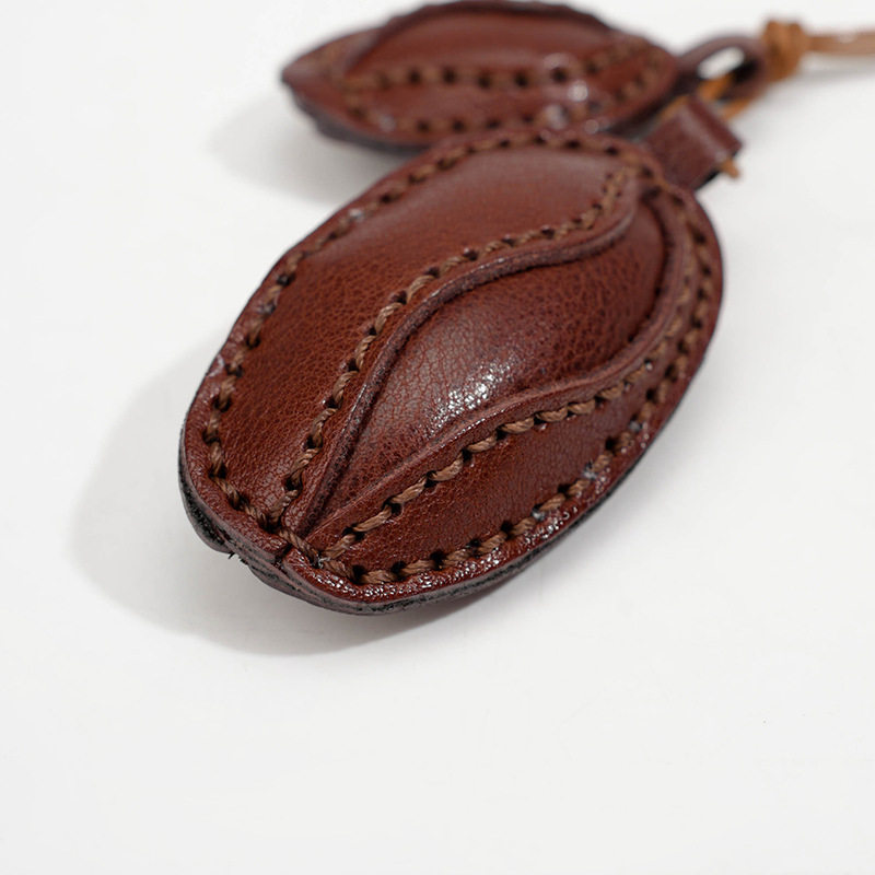 Vegetable-Tanned Leather Coffee Bean Cocoa Bean Genuine Leather Keychain Pendant First Layer Cowhide Colorful Bag Accessory Car Accessory