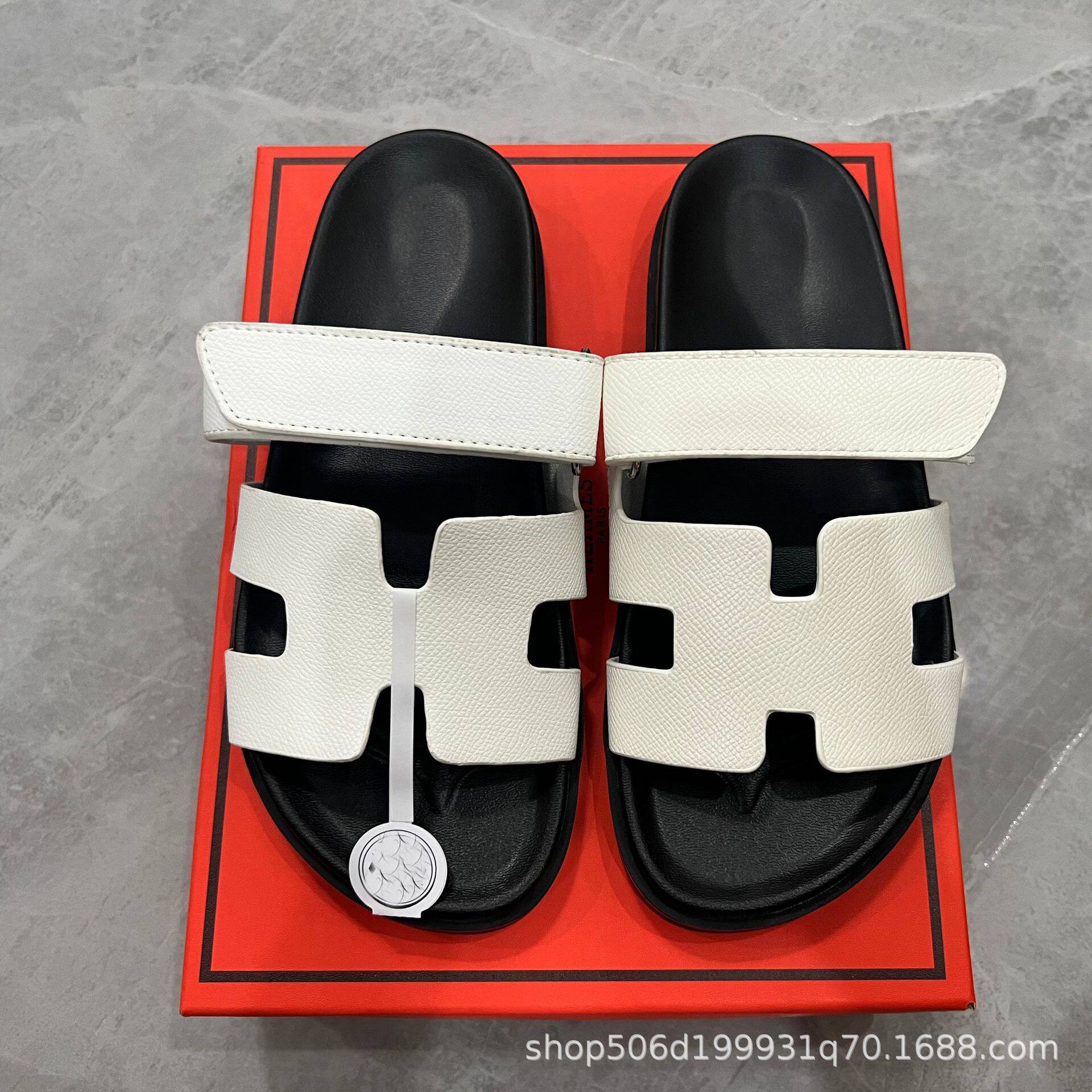 Erjiu Slippers for Women 2025 New Style Flats-Soled One-Line Sandals with Velcro Outer Wear Half-Slip Couple Beach Shoes