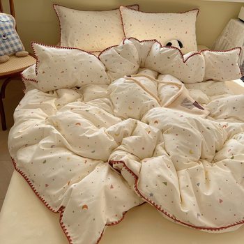 Light Luxury Shell Edge Four-Piece Set of Pure Cotton Bedding Bed Sheetss, Quilt Cover, Fitted Bed Sheets, Cotton Dormitory Three-Piece Set