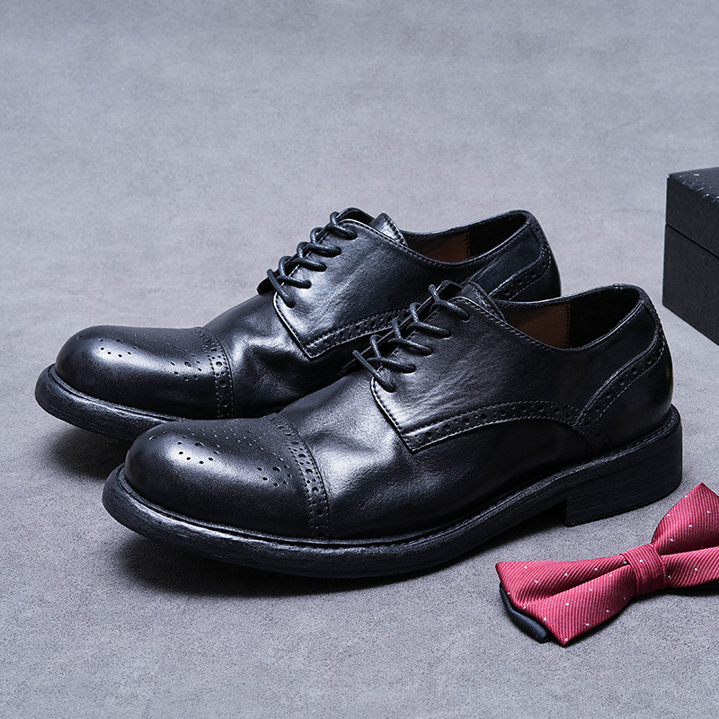 Giày Da Nam Chất Liệu Da Bò Mũi Tròn Họa Tiết Hoa