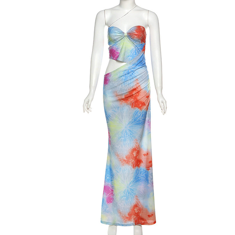 Sleeveless Color Block Printed Bodycon Maxi Dress Hollow Out Design Sexy Fit Spring Summer Fashion Wholesale Available