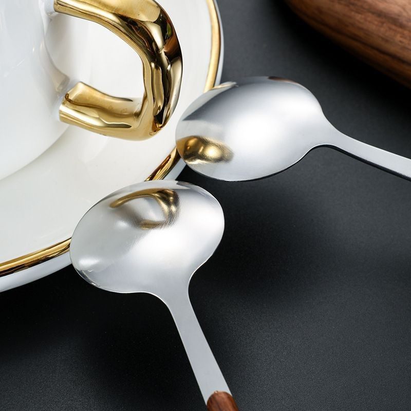 Creative Wood Grain Handle Coffee Spoon Stainless Steel Spoon Ice Cream Small Round Spoon Long Handle Dessert Honey Spoon Stirring Spoon