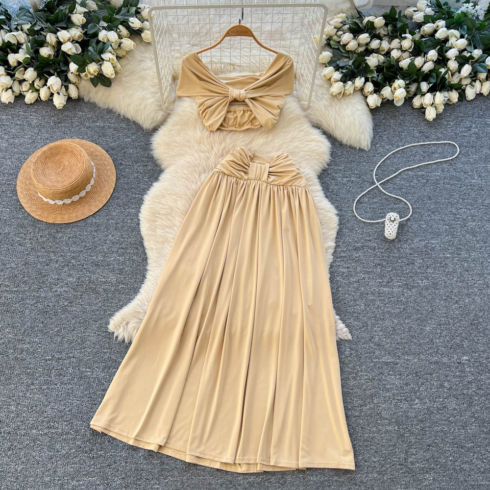 French Style Off Shoulder Crop Top and Ruched Maxi Skirt Set Spring Collection Sexy Vacation Ready Wholesale Available