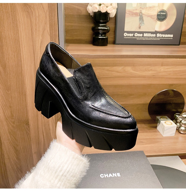 Giày lười nữ mũi nhọn gót thô 10cm đế xuồng da cừu thật — màu đen, Màu nâu