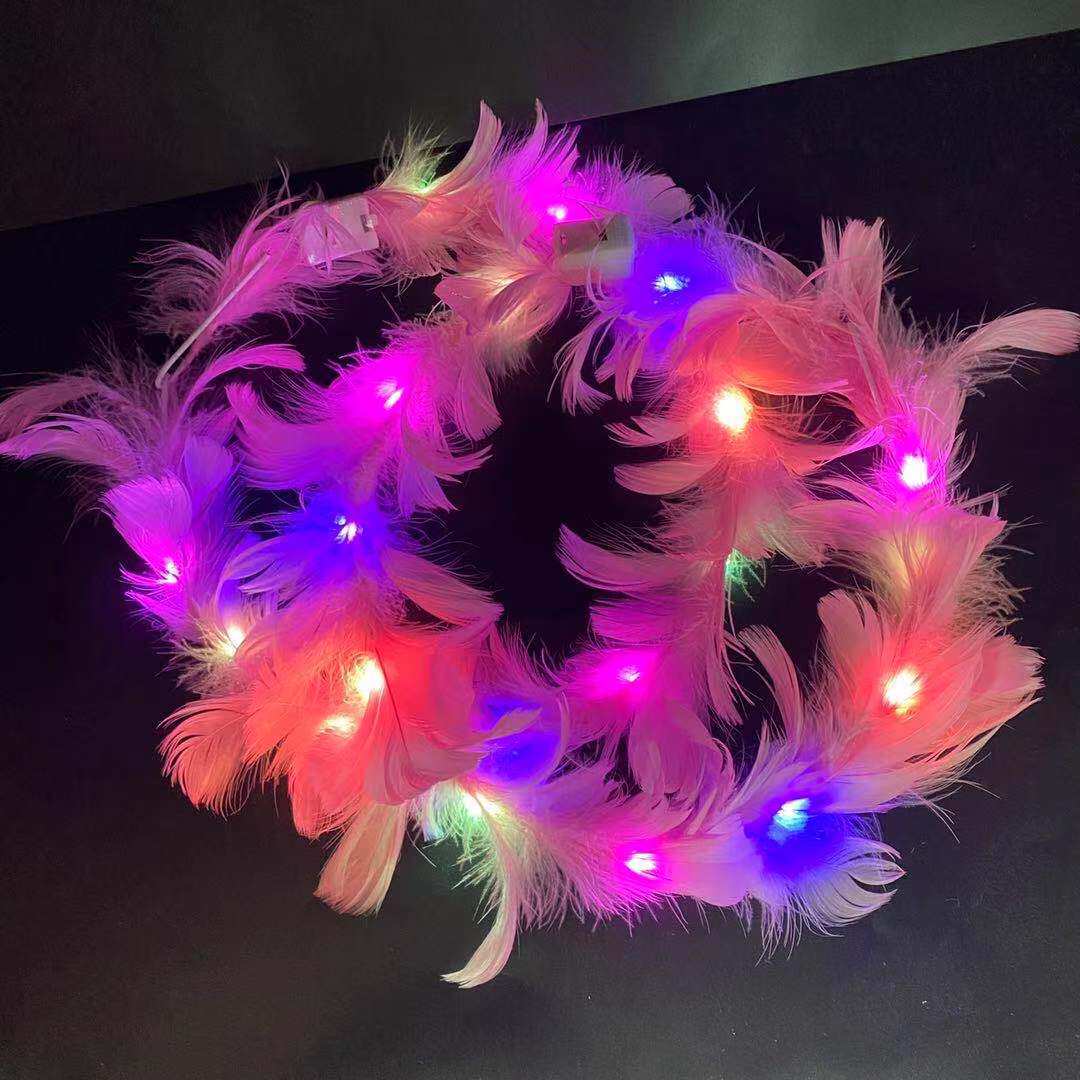 跨境热卖14灯毛毛兔耳朵发光发箍地推金丝羽毛猫耳朵发光头箍玩具