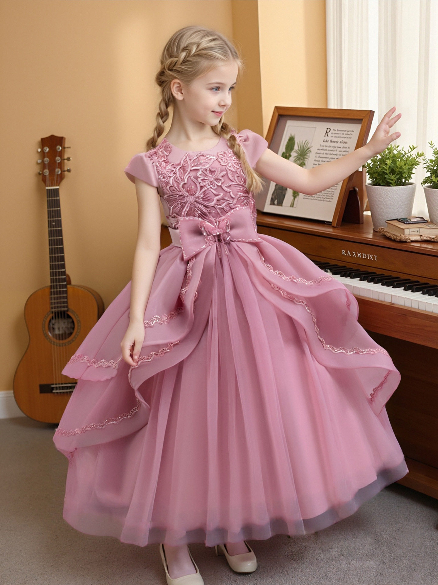 girls' princess dress, irregular long mesh dress, middle-aged children's piano performance costume, Christmas costume