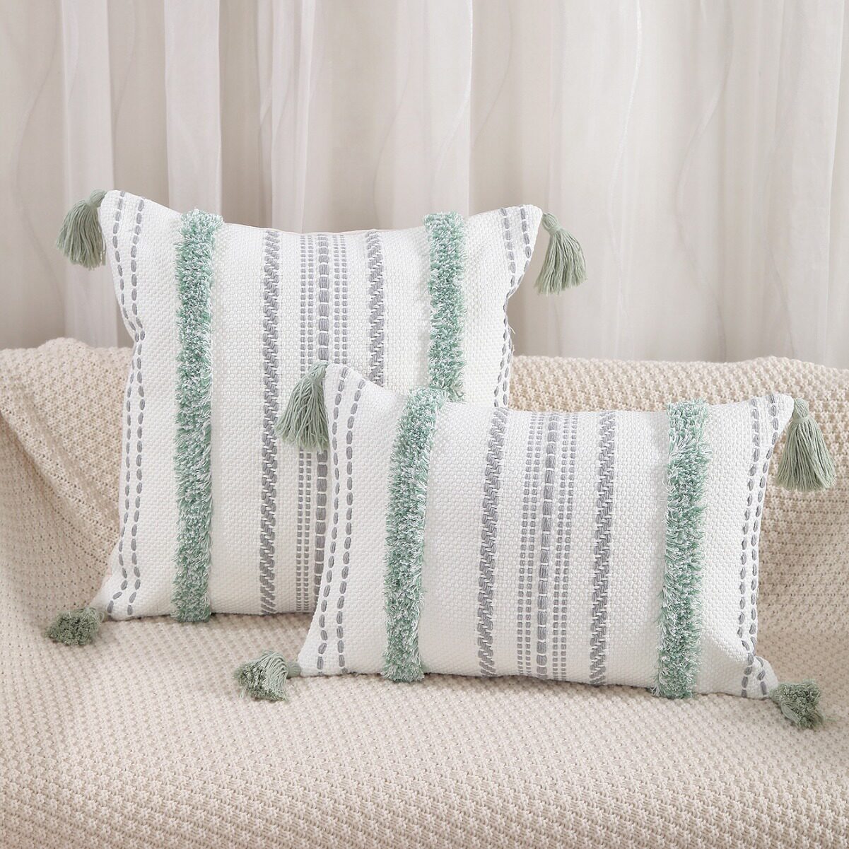 New Cotton Gauze Jacquard Tufted Tassel Pillow Case Office Lumbar Pillow Home Sofa Bedside Cushion Wholesale