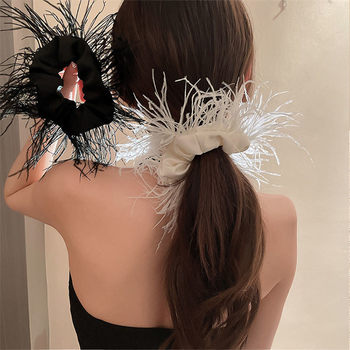 Pure Desire Internet Celebrity Balls Head Ins Satin Large Bowel Girls' Hair Accessories Female Temperament High-end Ostrich Feather Hair Ring