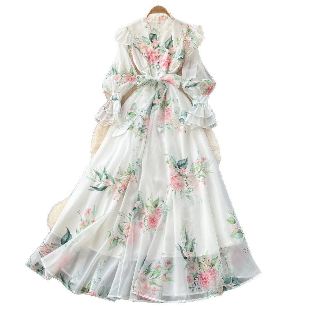 French Romantic Floral Print Long Sleeve V Neck Tie Waist A Line Dress for Women Elegant Spring Fashion Wholesale
