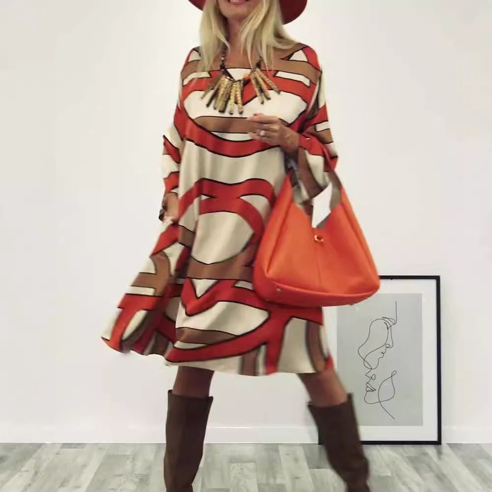 Long Sleeve Printed Dress Round Neck Trendy Design Autumn Collection Perfect for Casual Outings Wholesale Available