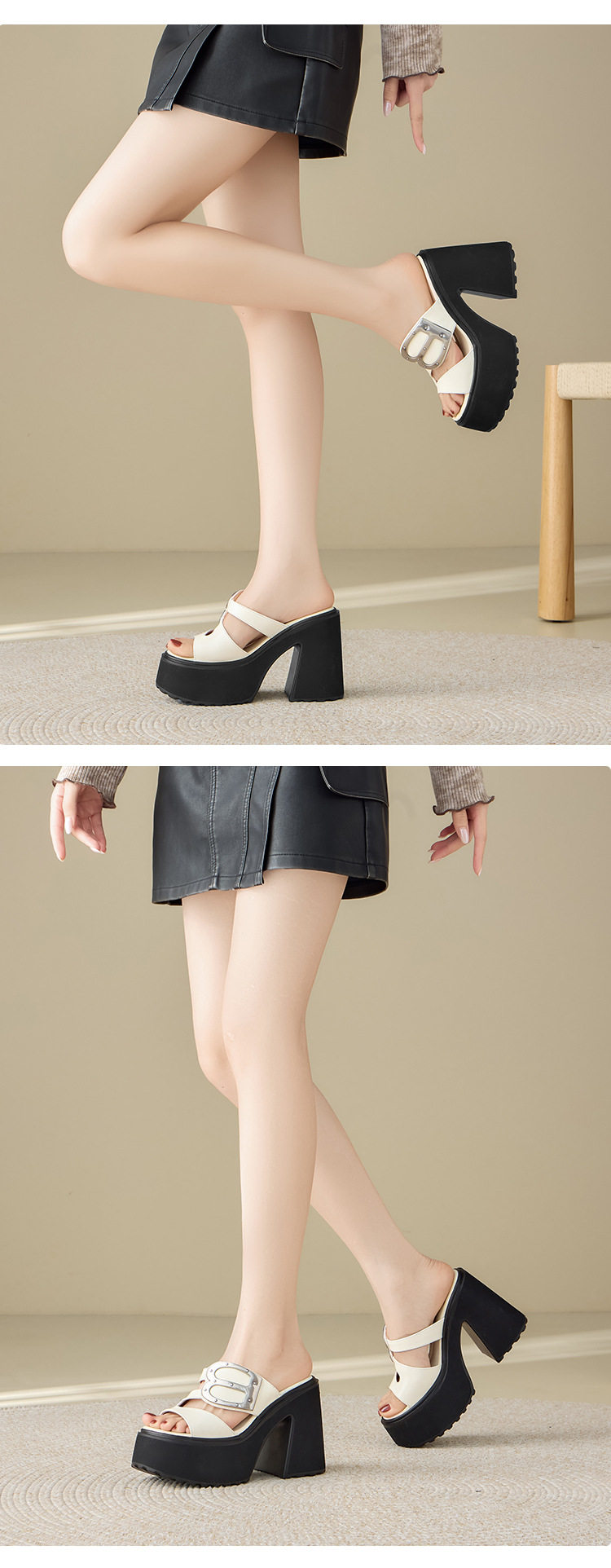Dép sandal nữ quai chữ V da bò thật mũi hở đế bệt — Trắng bạc, Đen chi tiết 5