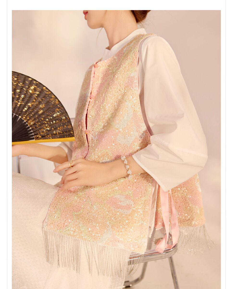 Áo vest nữ hai mặt đính cườm phối họa tiết hoa — Kết hợp màu [mặc hai mặt]
