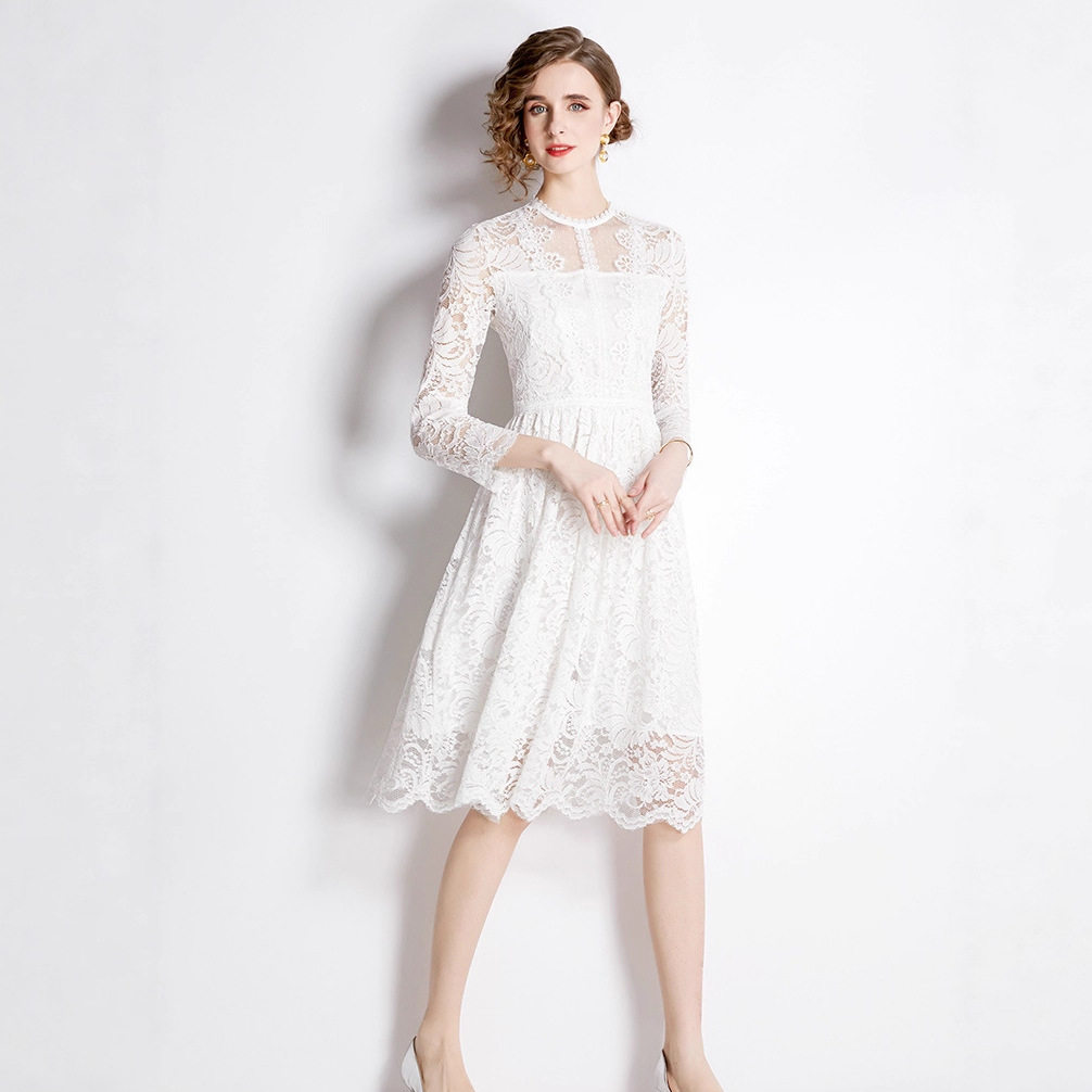 French Style White Lace Maxi Dress for Women Elegant Round Neck Flowy Silhouette Autumn Collection Wholesale Available