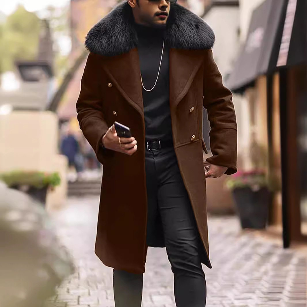 跨境现货男装休闲大毛领呢子外套外贸纯色双排扣男士呢子大衣保暖