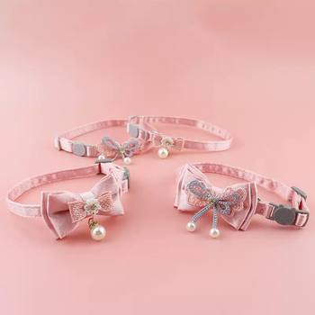 Wholesale Cross-Border Pet Collar Small Fresh Fairy Pink Lace Bow Hanging Bead Cat Necklace Bell Pet Supplies