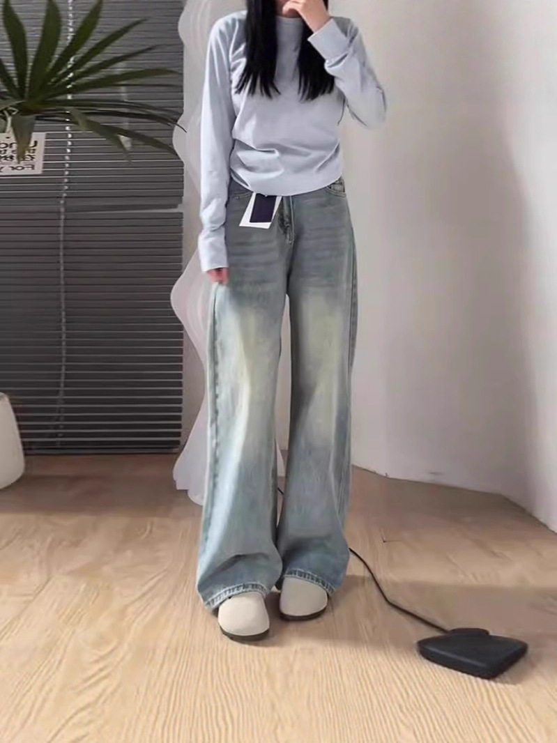 Plus-Size Wide-Leg New Loose Women's Autumn Floor-Length Drape Straight Pants for Curvy Women, Petite High-Waisted Jeans