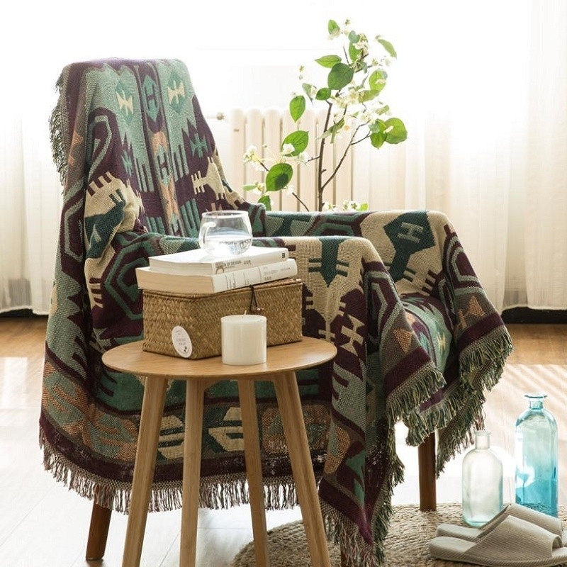 American Retro Double-Sided Sofa Cushion Cover Cloth Nordic Knitted Cotton Blanket Tiger Chair Cover Blanket Ethnic Style Vibrating Tail