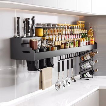 Kitchen wall-mounted seasoning rack non-perforated condiment storage rack multi-functional knife chopsticks tube integrated rack hanger