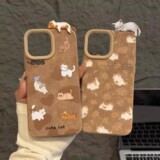 Корейский кожаный трехмерный лежащий кот подходит для чехла для мобильного телефона iPhone17promax Apple 15, 14 новых, 13 женских