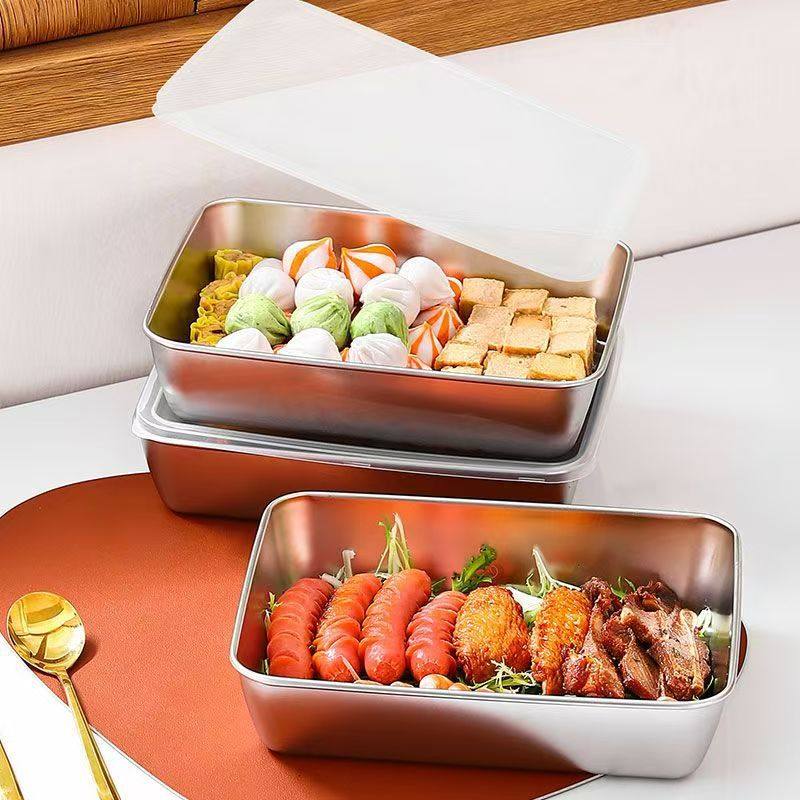 Cross-border Stainless Steel Towel Tray Outdoor Food Preparation Tray with Lid Baking Tray Household Refrigerator Storage Lunch Box Rectangular Square Tray