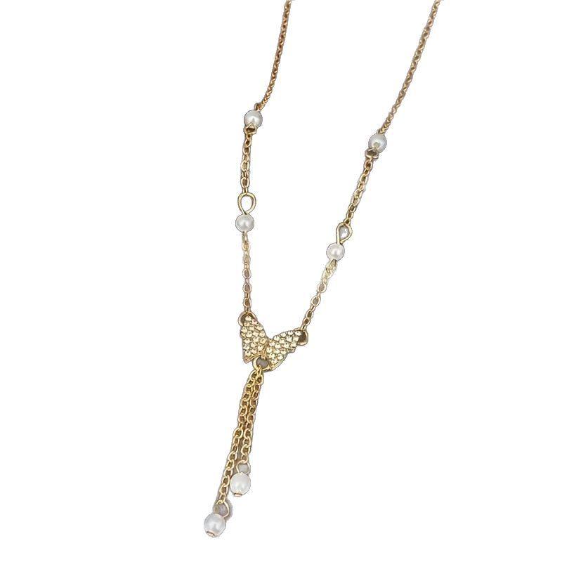 French Style Pearl Butterfly Necklace Women's Light Luxury Niche Lockbone Chain 2024 New Explosive High-end Fashion All-match