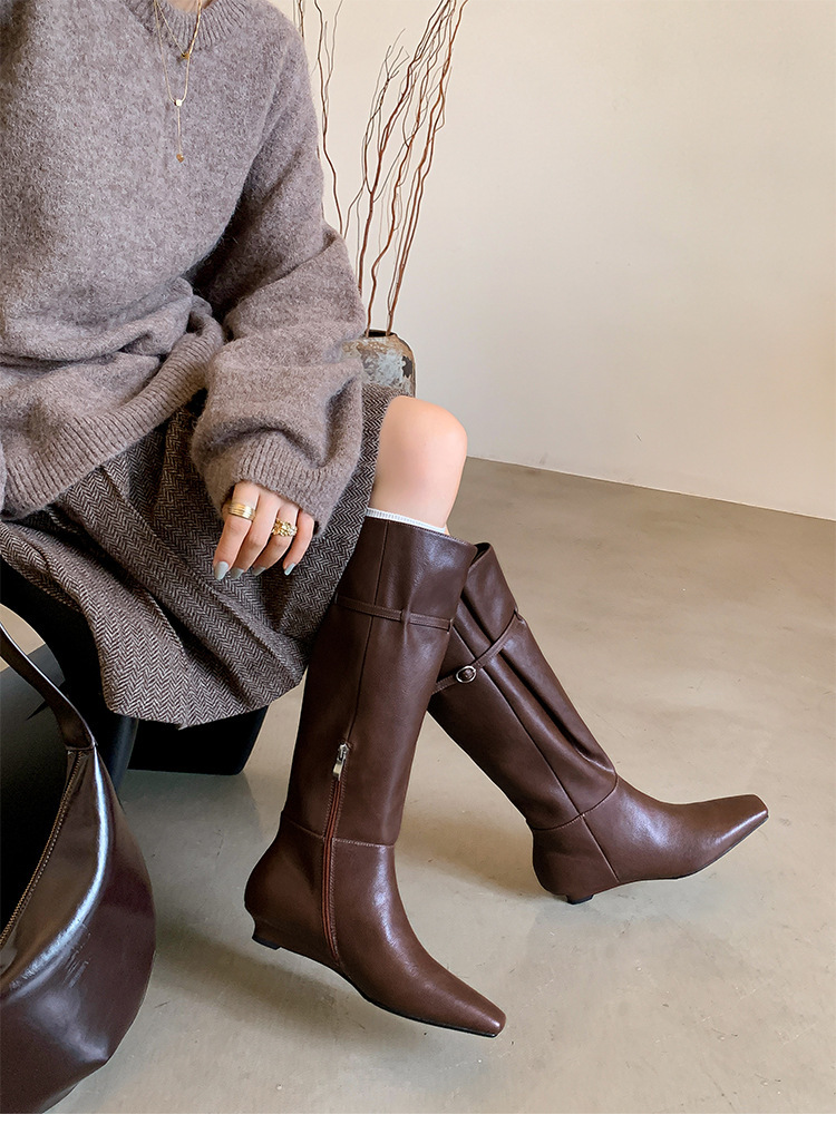 Boot nữ cổ cao mũi vuông gót xuồng da bò khóa kéo bên hông — Lớp lót đơn màu đen, Lớp lót đơn màu nâu, Lót nhung đen, cần đặt làm riêng., Lót nhung màu nâu, cần đặt làm riêng.