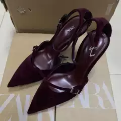 Za2026 Spring New Women's Shoes Burgundy Suede Pointed Toe Shallow High-Heeled Mules with a Single Buckle and Thin Straps