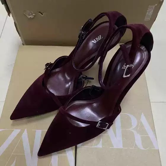 Za2026 Spring New Women's Shoes Burgundy Suede Pointed Toe Shallow High-Heeled Mules with a Single Buckle and Thin Straps