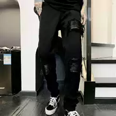 Trendy Brand Internet Popular Korean Style High Street Ripped Pitches Leather Patchwork Washed All-match Tall Slim-fit Jeans Skinny Pants
