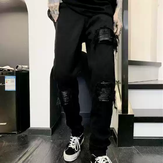 Trendy Brand Internet Popular Korean Style High Street Ripped Pitches Leather Patchwork Washed All-match Tall Slim-fit Jeans Skinny Pants