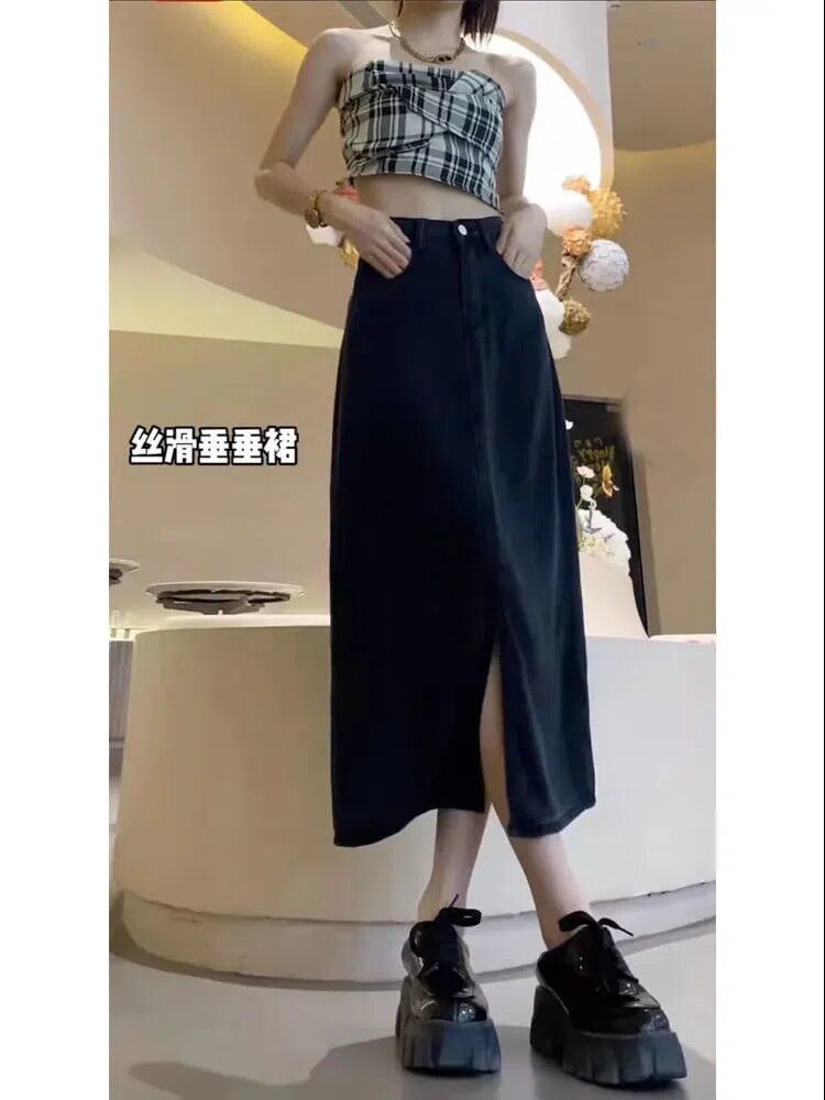 Plus Size Black Denim Midi Skirt High Waist A Line Split Design Spring Summer Fashion Wholesale Available