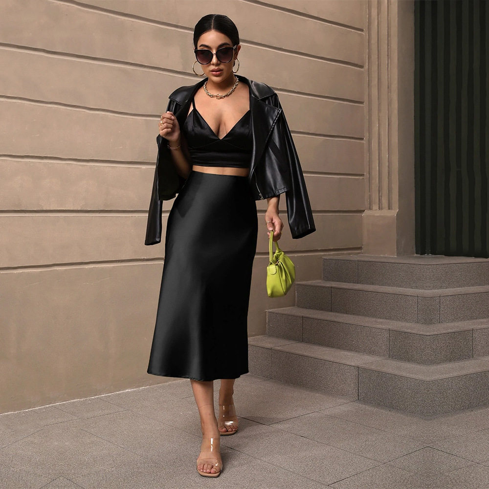 Elegant A Line Satin Midi Skirt Solid Color Autumn Winter Collection Perfect for Casual or Formal Occasions Wholesale