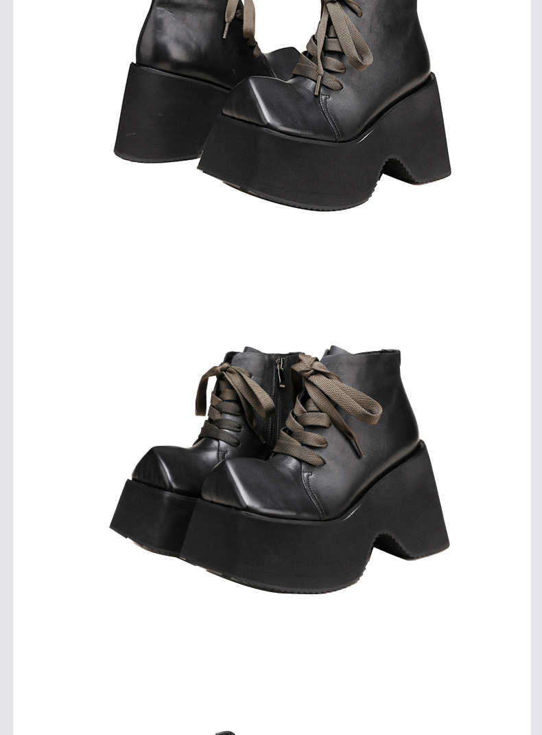 Boot Martin nữ cổ ngắn đế dày 10cm mũi vuông da bò thật buộc dây — Màu đen