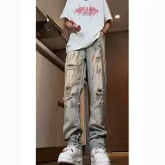 American Street Washed Old Ripped Jeans Men's Spring and Autumn Straight Loose European and American High Street Vibe Style Long Pants