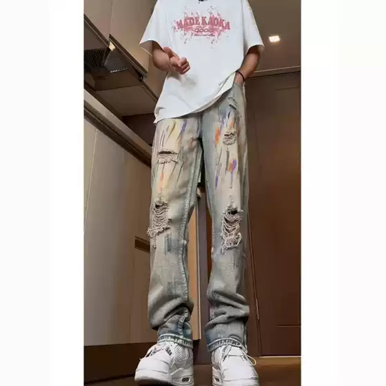 American Street Washed Old Ripped Jeans Men's Spring and Autumn Straight Loose European and American High Street Vibe Style Long Pants