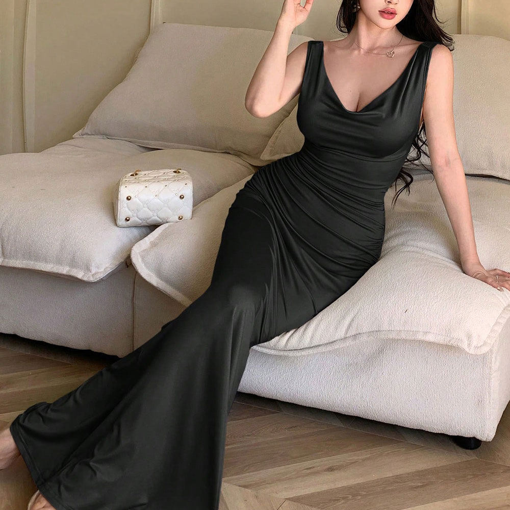 High Waisted Bodycon Maxi Dress Sleeveless V Neck Backless Solid Color Summer Style Wholesale Available