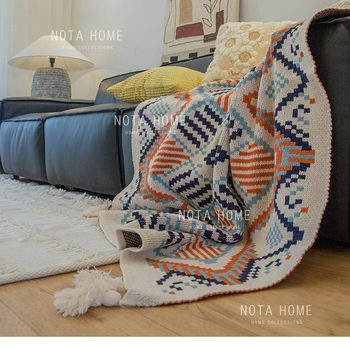 Bohemian Style Sofa Blanket, Ethnic Style Blanket, Nordic Shawl, Air-Conditioning Blanket, B&B Knitted Tassel Bedside Blanket