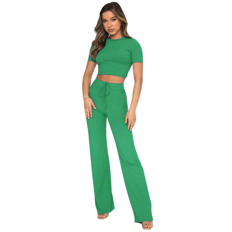 Cross-border European and American New Fashion Casual Suit Women's Solid Color High Elastic Body Shaping Short Sleeve Pit Wide Leg Pants Two-piece Set