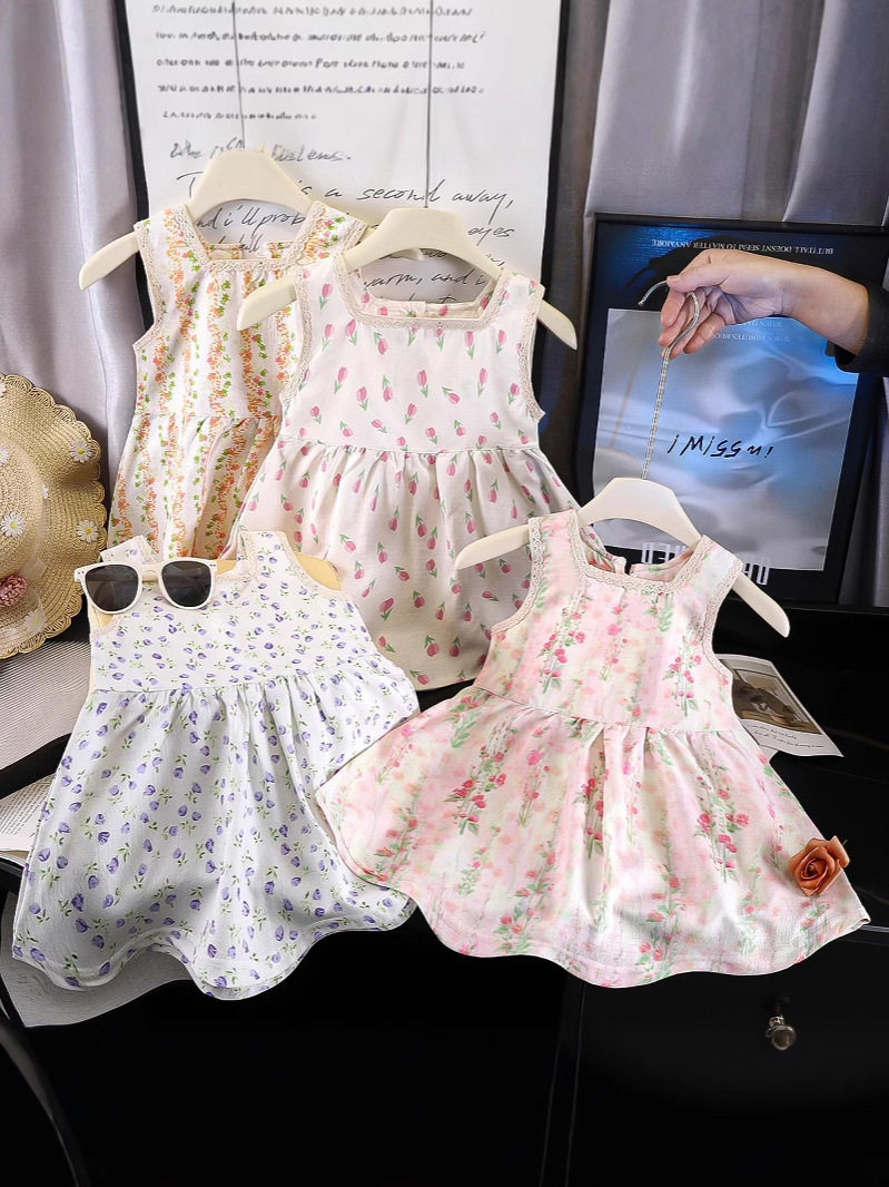 Gaun putri motif bunga penuh anak perempuan baru musim panas, gaya liburan manis, gaun tali