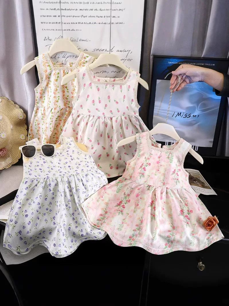 Gaun putri motif bunga penuh anak perempuan baru musim panas, gaya liburan manis, gaun tali