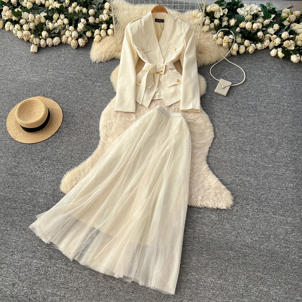 Elegant Two Piece Set High End Tweed Blazer and Waist Tie Skirt Autumn Fashion for Women Wholesale Available