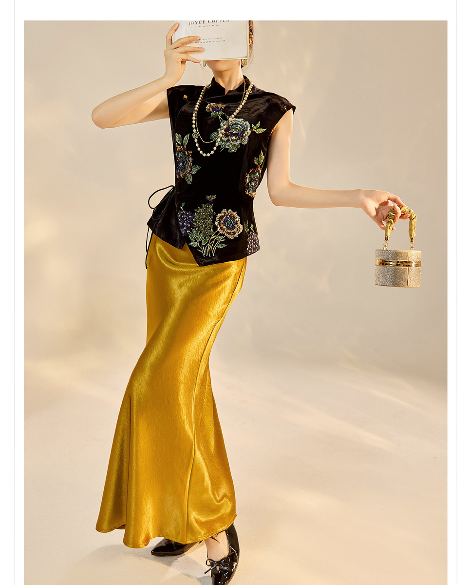 Áo vest nữ dáng gile thêu sequin chất liệu tơ tằm phối polyester — Áo Vest Vàng Đen (Giao Hàng Ngay), Áo Vest Vàng Đen (Giao Hàng Trong 7 Ngày)