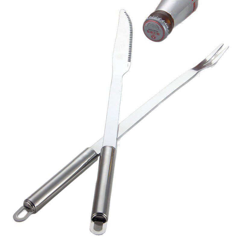 Thickened and Lengthened Barbecue Tools Stainless Steel Barbecue Knife and Fork Set Round Handle Barbecue Utensils for Grilling and Baking Wholesale