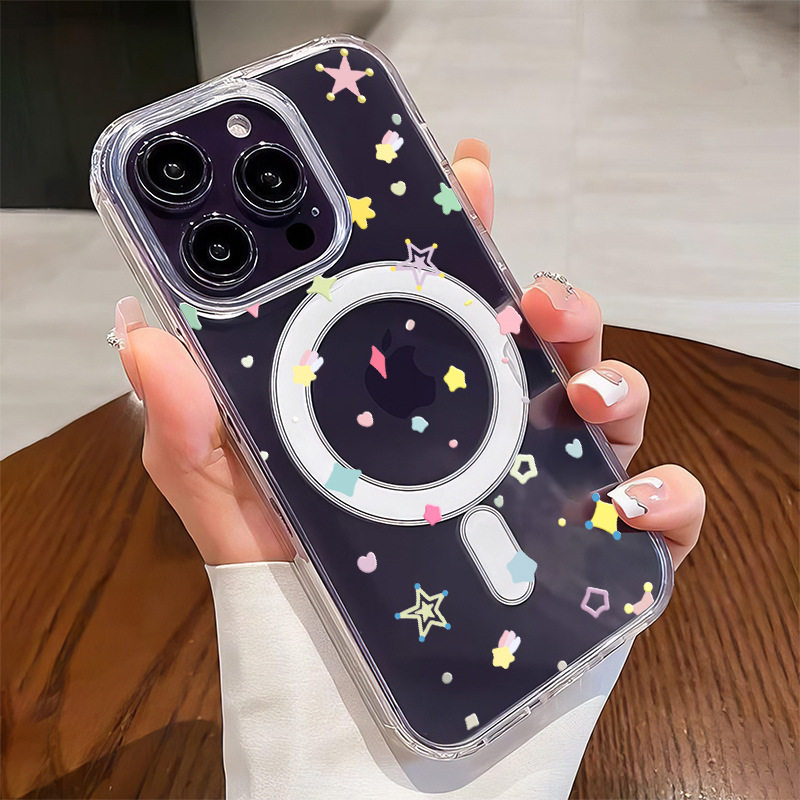 Colorful Star Magnetic Case Suitable for Apple 16 Pro Max Acrylic Large Hole Phone Case iPhone 17 Transparent 15