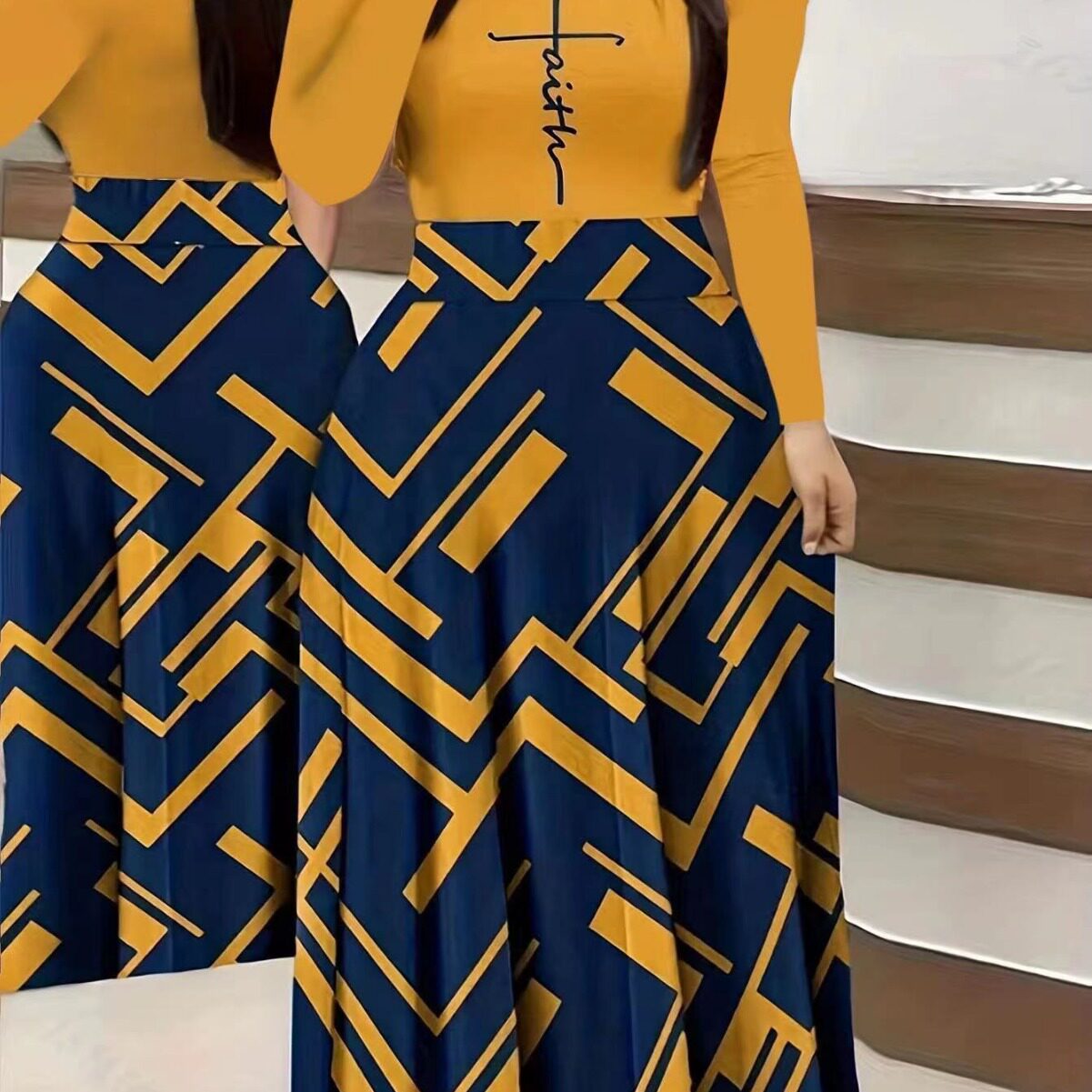 Women's Printed Casual Crew Neck Long-Sleeve Dresses
