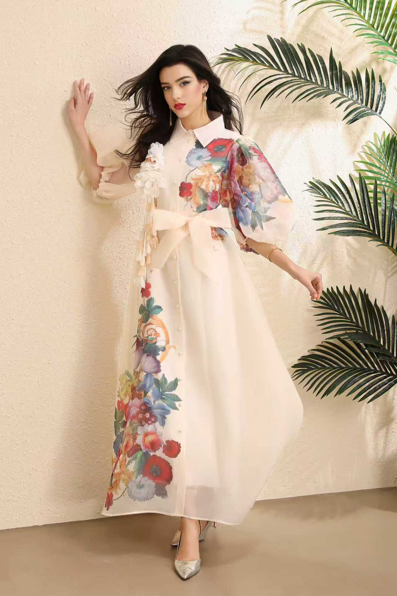 French Elegant Summer Dress Corset Waist 3D Floral Design Lantern Sleeves Printed Tulle Perfect for Garden Parties